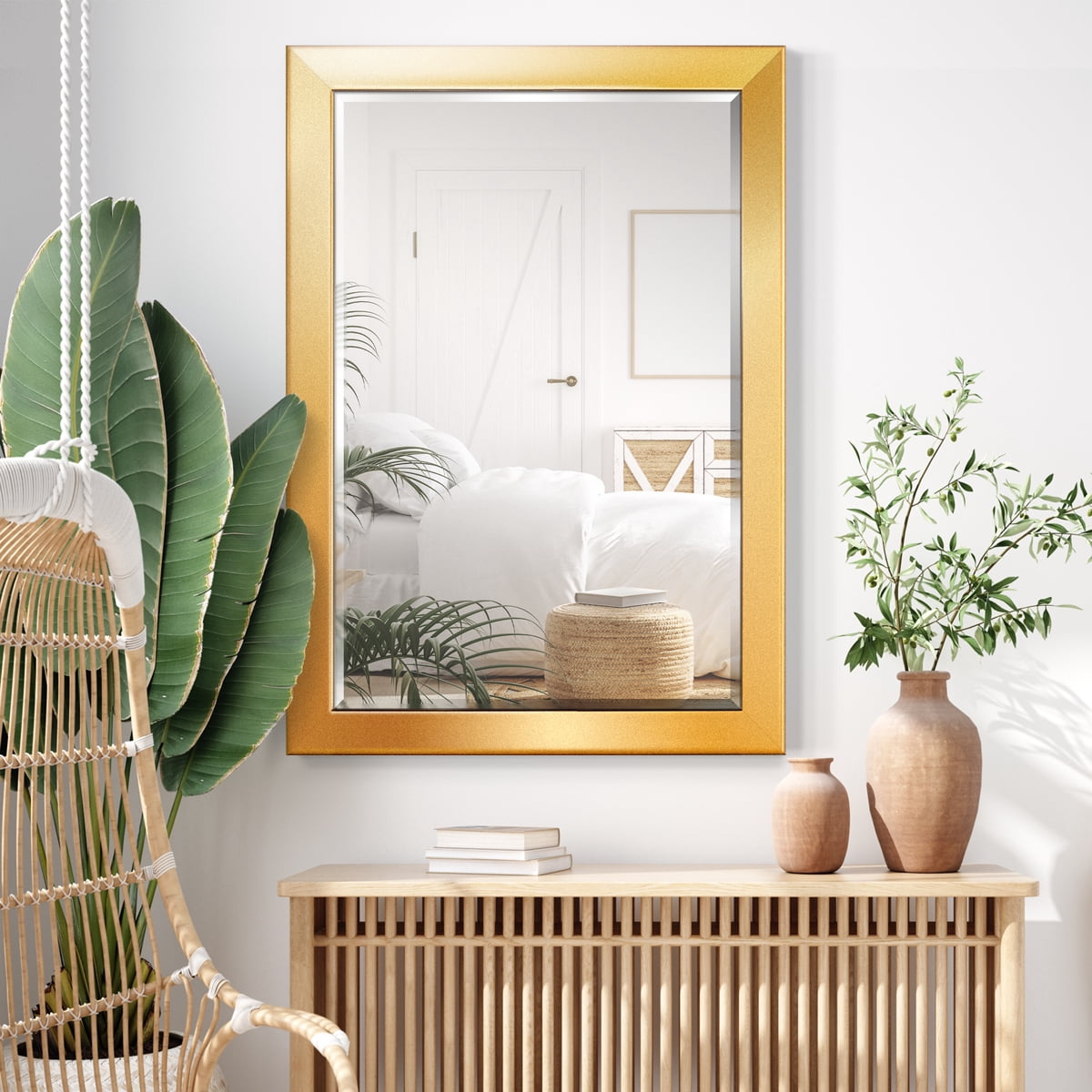 29 in. W x 41 in. H Framed Rectangle Beveled Edge Wood Mirror in Solid Gold