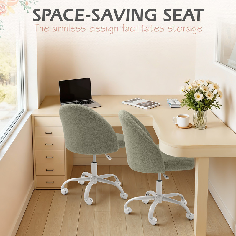 Lacoo Modern Vanity Chair with Back, Teddy Velvet Desk Chair for Bedroom, Living Room or Study,Small Office Chair,Green