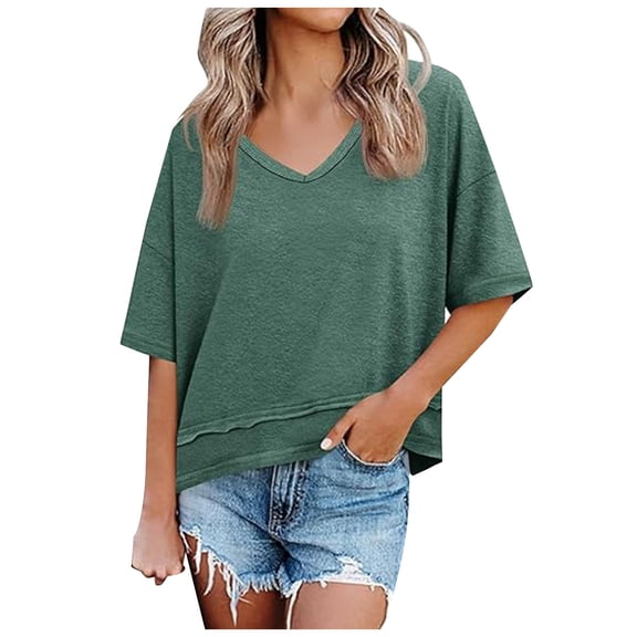idosla Oversized Cropped Tshirts for Women Short Half Sleeve V Neck Tops Summer Flowy Split Hem Basic Tee Shirts (Dark Green, XL)