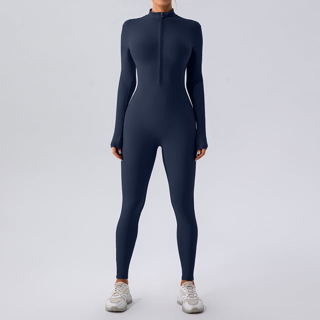 Mono de yoga de manga larga con cremallera color nude, mono de una pieza para entrenamiento deportivo y fitness para mujer
