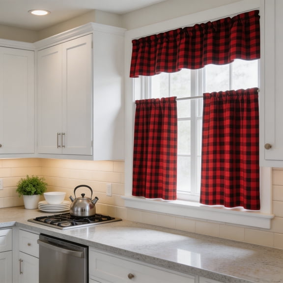 Gumesh 3 Piece Semi Kitchen Curtains - Light Filtering Buffalo Plaid Tier and Valance Window Curtains Set,Wine and White, 54 W x 18 L (1 Panel) 28 W x 39 L (2 Panels)