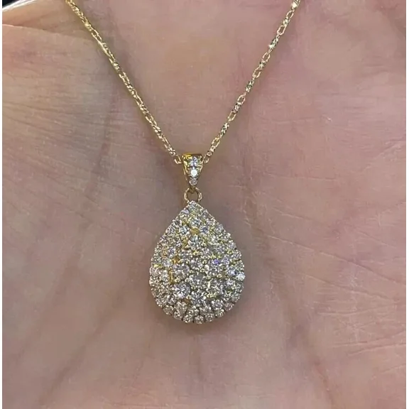 2Ct Round Cut Simulated Diamond Halo Cluster Women's Teardrop Shape Pendant 14K Yellow Gold Plated 925 Silver
