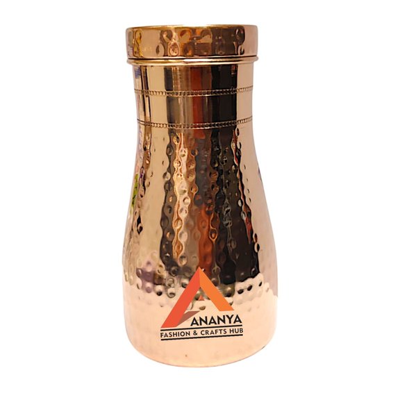 Pure Copper Water Bottle Hammered Design Pitchers Water Jug Bedroom Jar Bedside Carafes with Tumbler/Glass with Lid 1000 ML
