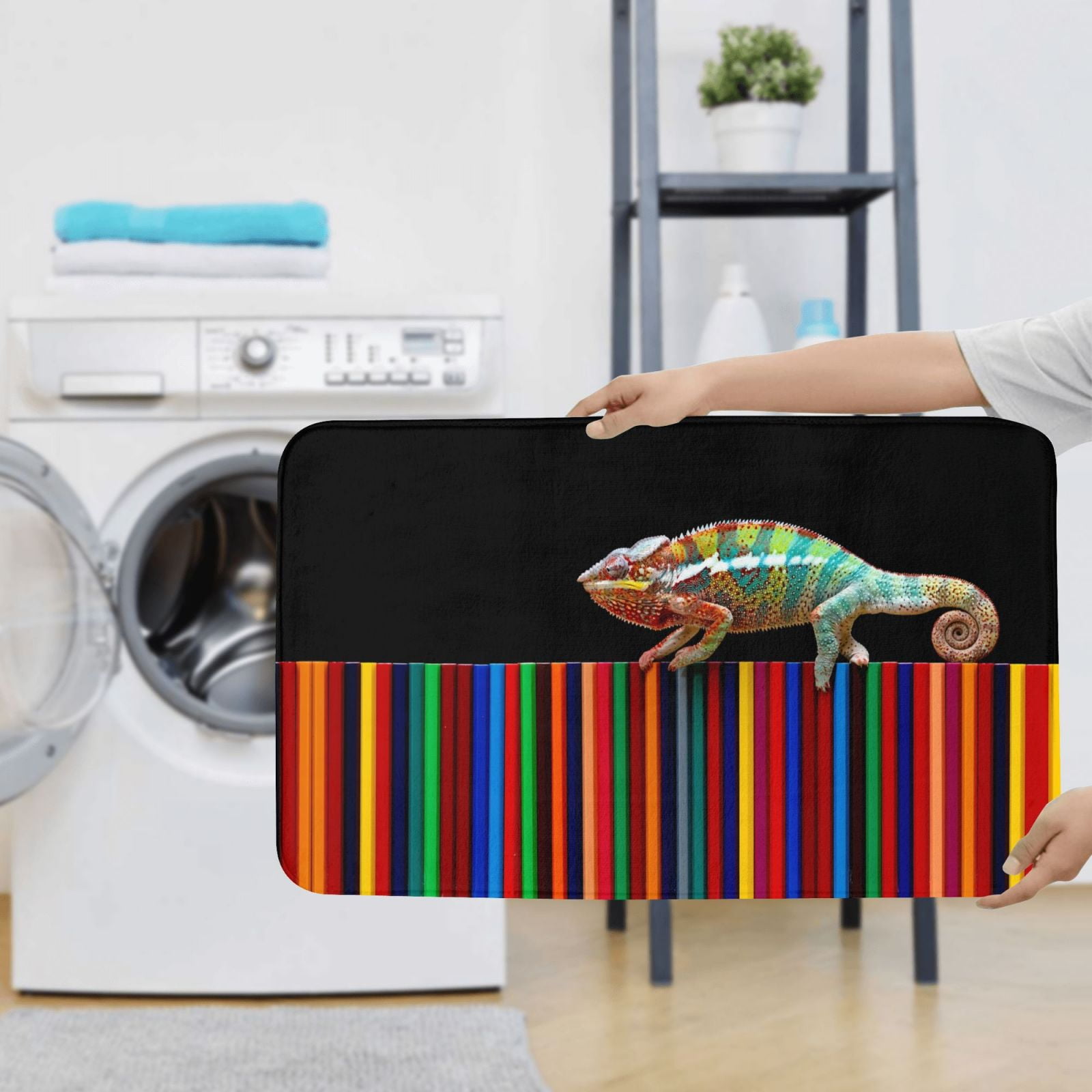Bathroom Rugs Sets 3 Piece - Chameleon Panther On Colored Pencils Absorbent Non Slip Bath Mats, U-Shape Toilet Lid Cover, Contour Mat, Soft Washable Shower Mats Bath Rug Mat for Bathroom Tub Toilet