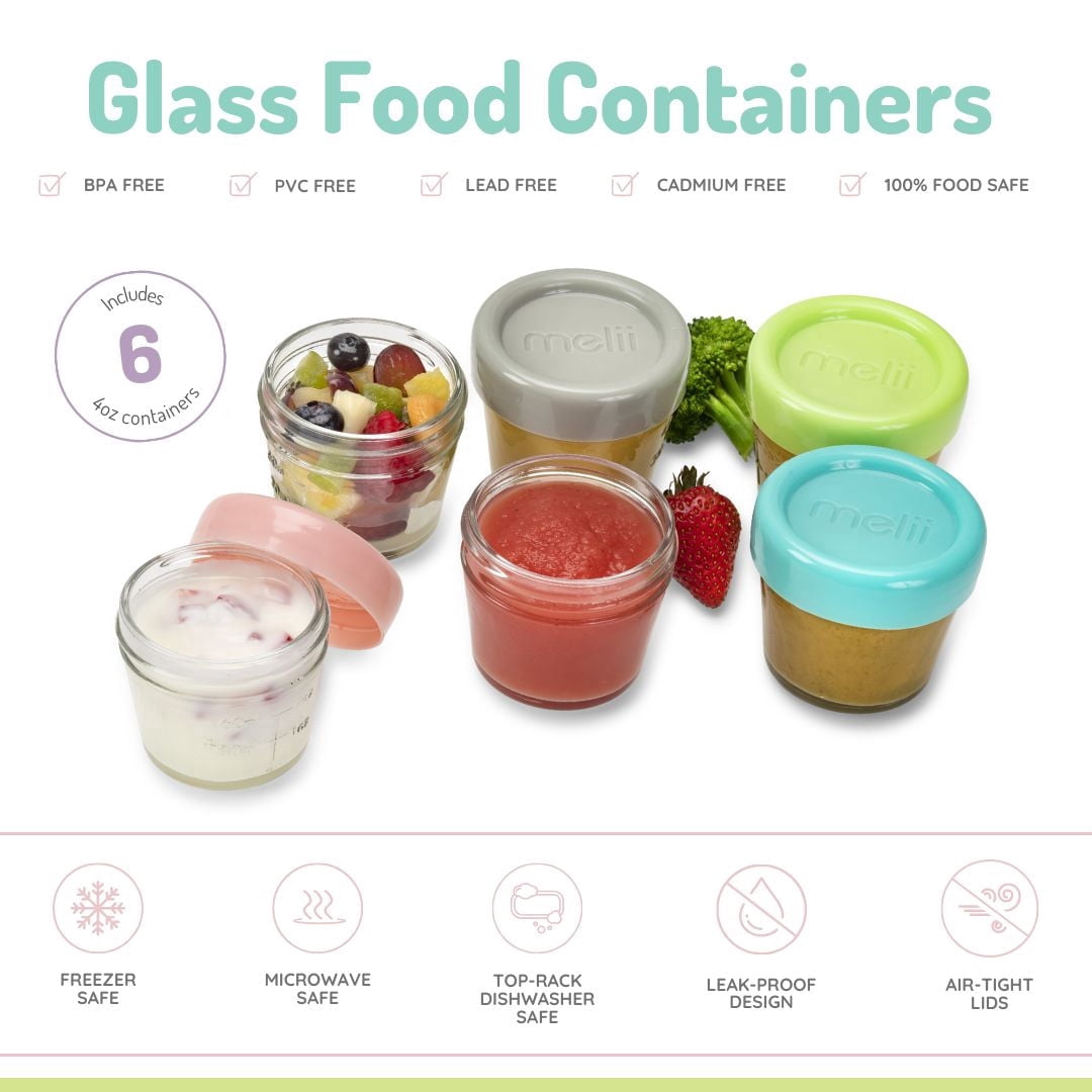 Melii Glass Baby Food Freezer Jars, Snack Container with Lids, BPA Free, Microwave & Dishwasher safe (4oz, set of 6) for Babies, Toddlers and Adults