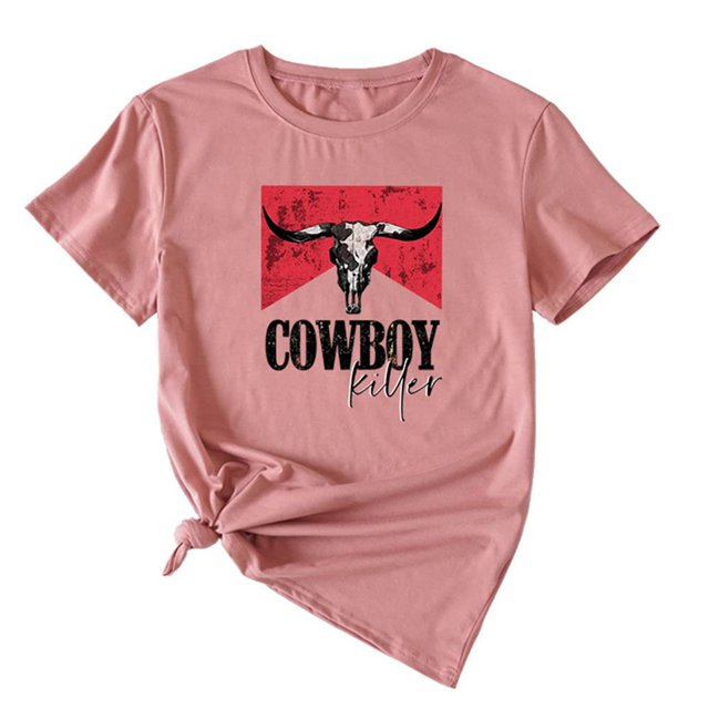 iTNHFP Chemises pour Femmes Décontractées Mode Féminine Imprimé Cowboy Manches Courtes Col Rond T-Shirt