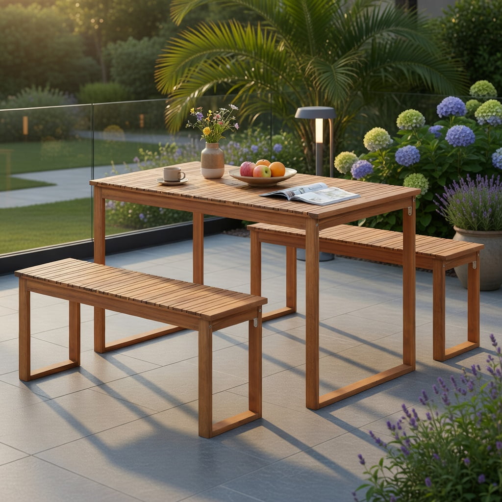 Hommoo Acacia Wood Outdoor Garden Bench, Slatted Seat Patio Bench for Porch, Balcony & Backyard, Natural