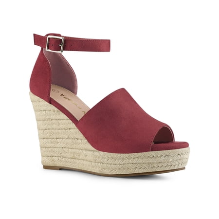 BLISSFUL STEP Women s Shoes Espadrille Wedge Ankle Strap Open Toe Faux Suede Sandals Burgundy 9