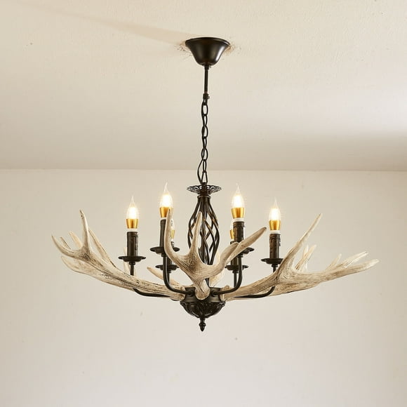6 Lights Rustic Chandelier Farmhouse Hanging Light Fixture with 6 Resin Faux Antlers & Metal Bulb Base Vintage Style Pendant Lighting for Dining Room Kitchen Living Room Decor