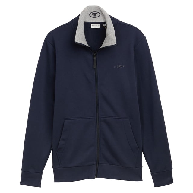 TOM TAILOR Chaqueta de sudadera para hombre con cuello alto - Chaqueta de sudadera estampada con cuello alto, corte regular, mezcla de algodón Azul M (Medium)