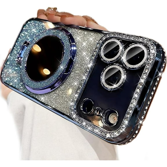 for iPhone 17 Pro Magnetic KickStand Case, [Compatible with Magsafe] Shockproof Glitter Cute Bling Cover Makeup Mirror Ring Holder Camera Protector for Girl Woman for iPhone 17 Pro 6.3", Blue