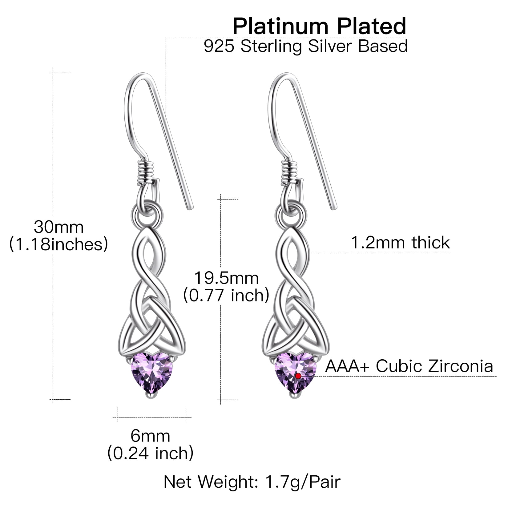 Suplight Silver Celtic Knot Heart Dangle Earrings with Birthstone, Irish Celtic Jewelry for Women