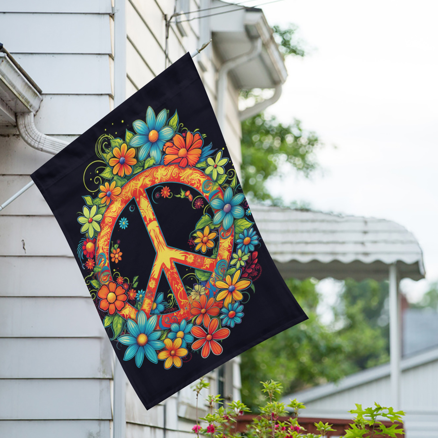 America Forever Blooming Peace Sign House Flag 28 x 40 inch Double Sided Peace Symbol Flowers Hippie Bohemian Colorful Outdoor Yard Decorative Flag