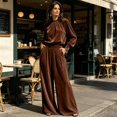 thumbnail image 6 of Szluipve 2 Piece Sets for Women Velvet 2 Piece Matching Outfit High Neck Pleated Long Sleeve Blouse Top & High Waist Wide Leg Palazzo Pants Elegant Party Set with Pockets Coffee 2XL, 6 of 9