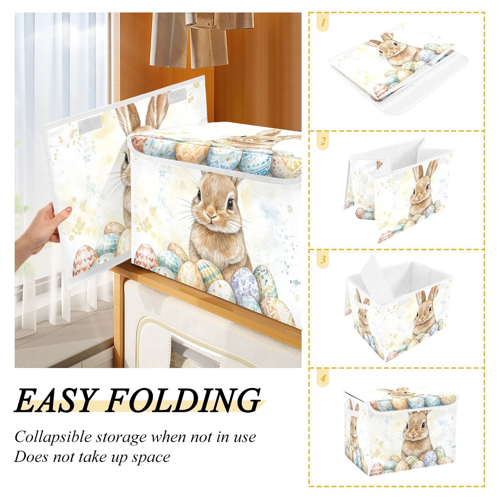 Bunny Easter Eggs Rabbit Storage Basket for Shelves Foldable Container Organizer for Organizing Toys Clothes Books with Handles