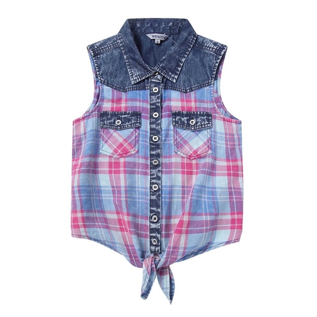 Bienzoe Blouse Sans Manches en Denim à Carreaux pour Fille Débardeur Décontracté Rouge 12