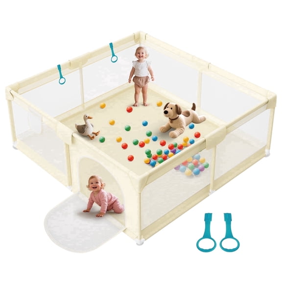 Extra Large Baby Playpen 64"x64" for Toddlers, Indoor/Outdoor Play Yard with Soft Breathable Mesh & External Zipper Door, Beige