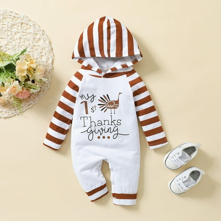 

NIUREDLTD Baby Girls Boys Striped Thanksgiving Turkey Autumn Hooded Long Sleeve Romper Jumpsuit Clothes