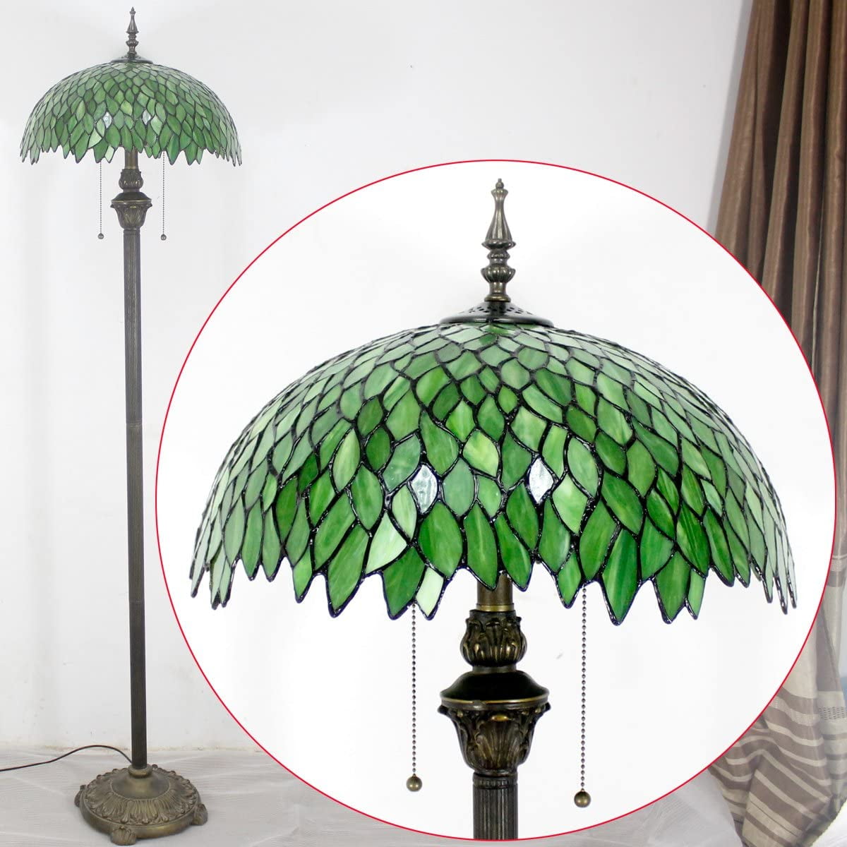 WERFACTORY Tiffany 64” 2-Light Art Nouveau Green Stained Glass Floor Lamp with Wisteria Shade