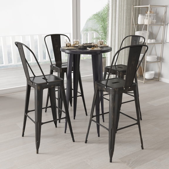 Merrick Lane 5 Piece Outdoor Dining Set in Antique Black with 24" Round Table and 4 Slatted Back Bar Stools with Footrests