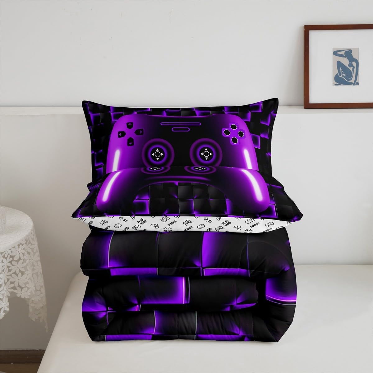 Gaming Full Size Bedding Sets Teen Game Controller Comforter Set 3Pcs Gamer Bedding For All Season,Purple And Black Geometric Checkered Quilt Set For Young Men,Soft Lightweight