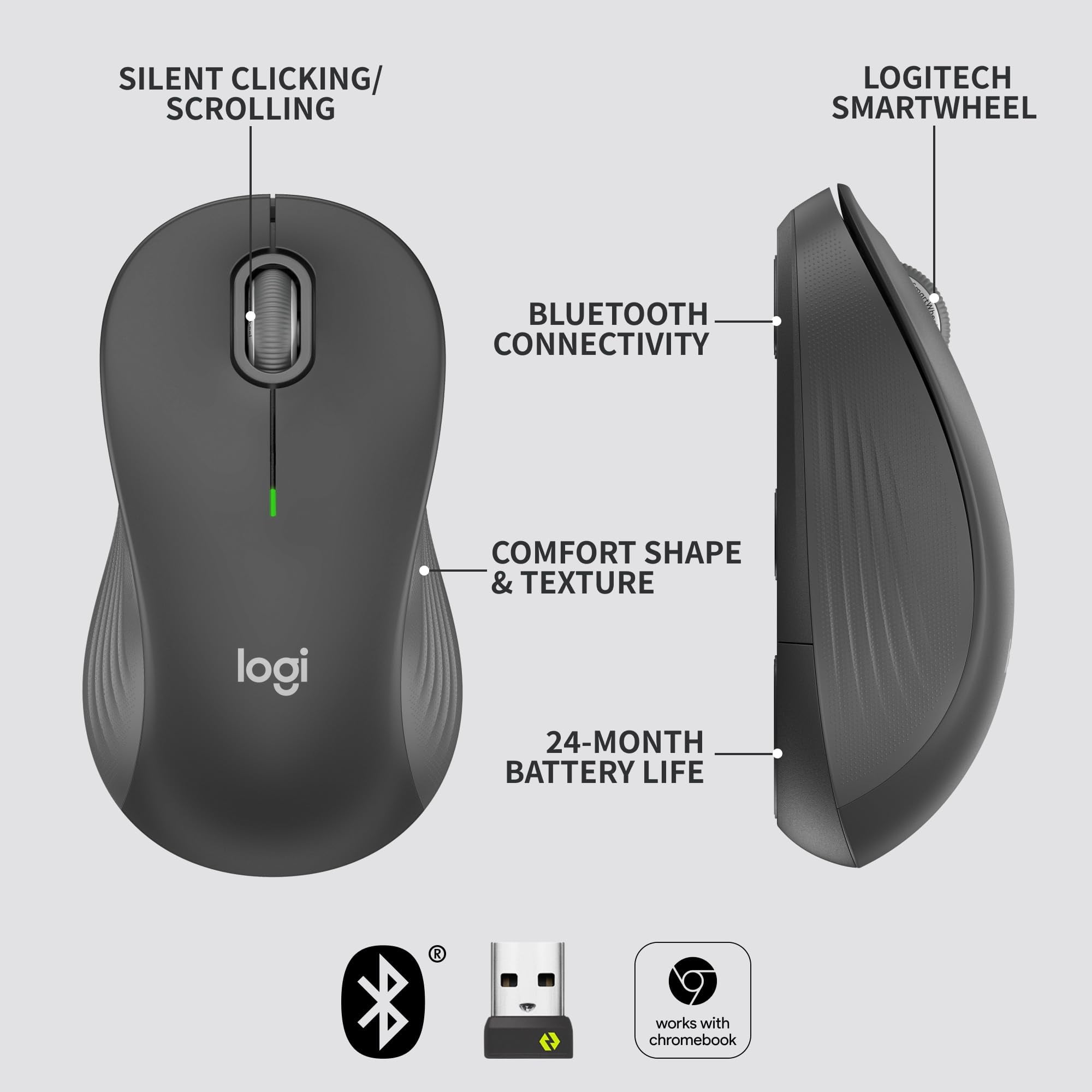 Logitech Signature M550 Wireless Mouse - For Small to Medium Sized Hands, 2-Year Battery, Silent Clicks, Bluetooth, Graphite