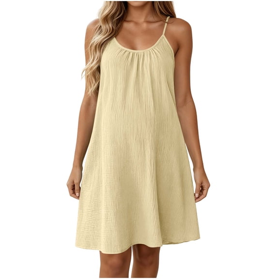 Bosfbaoi Dresses for Women Lightweight Crinkle Gauze Spaghetti Strap Sundress Crew Neck Sleeveless A-Line Womens Dresses with Adjustable Straps Summer Dresses for Women 2026