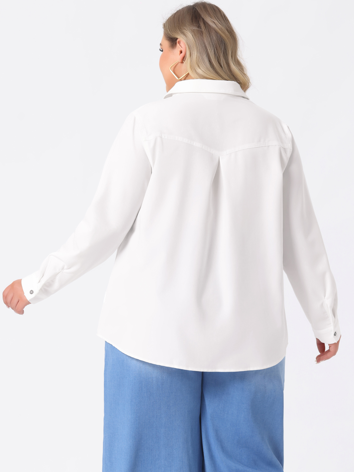 DARING DIVA Women's Plus Chest Pocket Long Sleeve Denim Chambray Shirt 4X White
