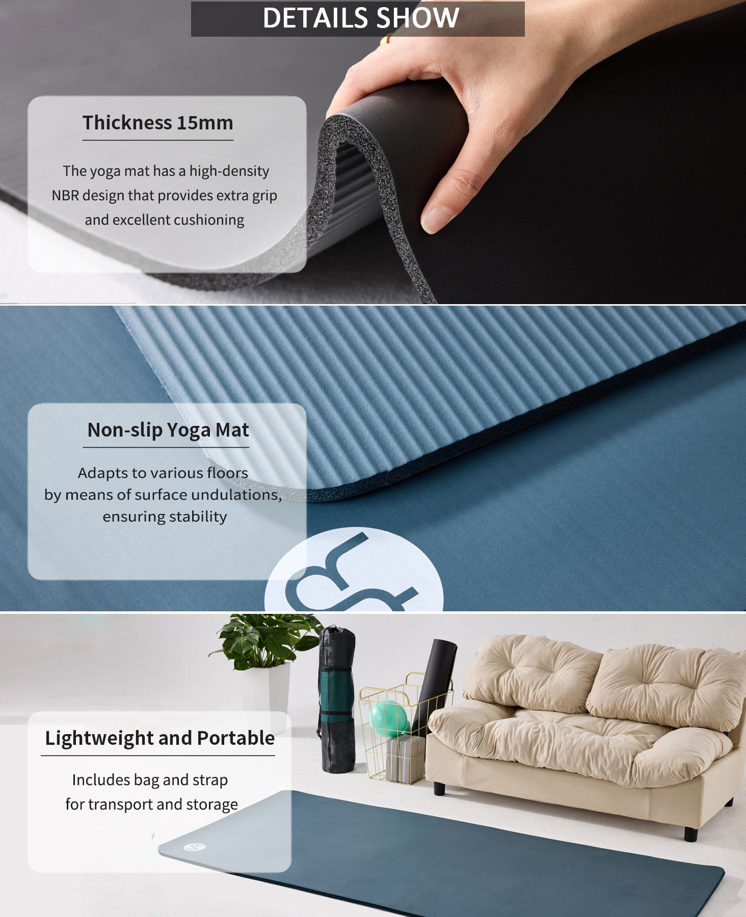YR Thick Yoga Mat 15mm NBR 78"x35" Wide Exercise Workout Mats for Home Gym Floor Fitness Pad, Black