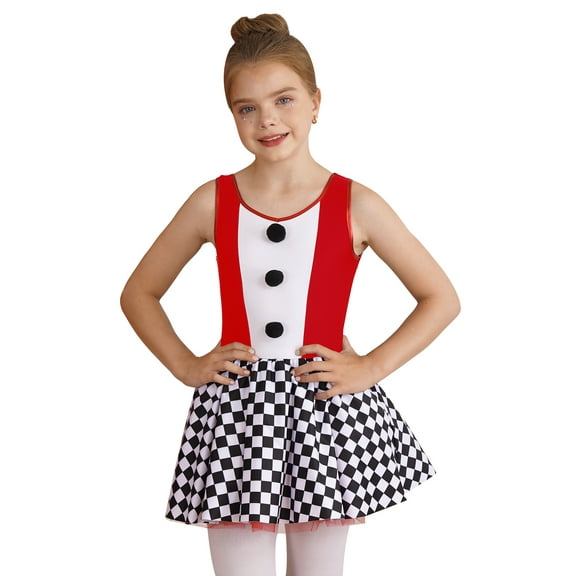 YEAHDOR Kids Girls Halloween Clown Carnival Performance Outfit Sleeveless Checkerboard Print Tutu Dress Red 8