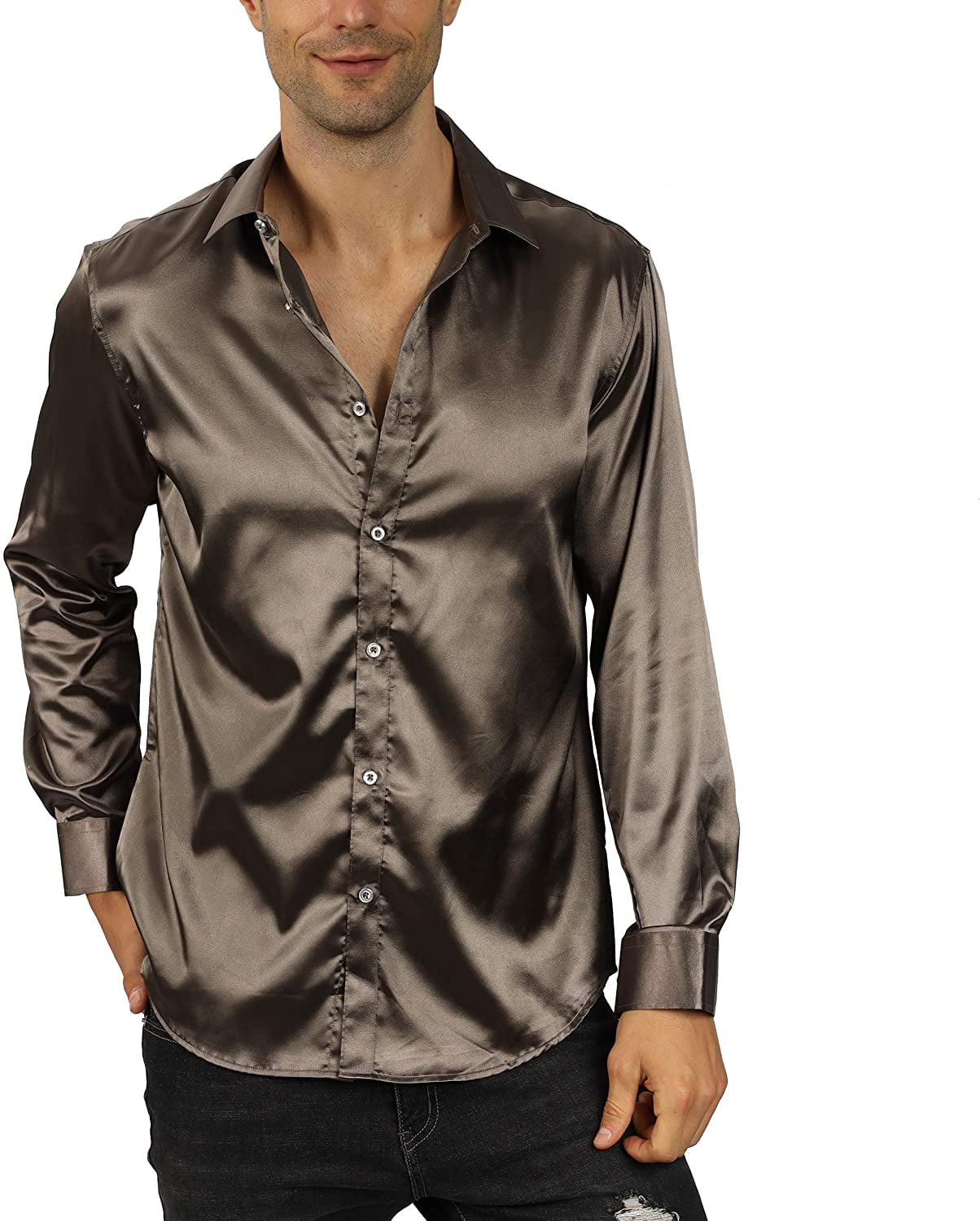 Silk Dress Shirt Men's Non-Iron Long Sleeve Casual Shirt Button Down T Shirt 2xl