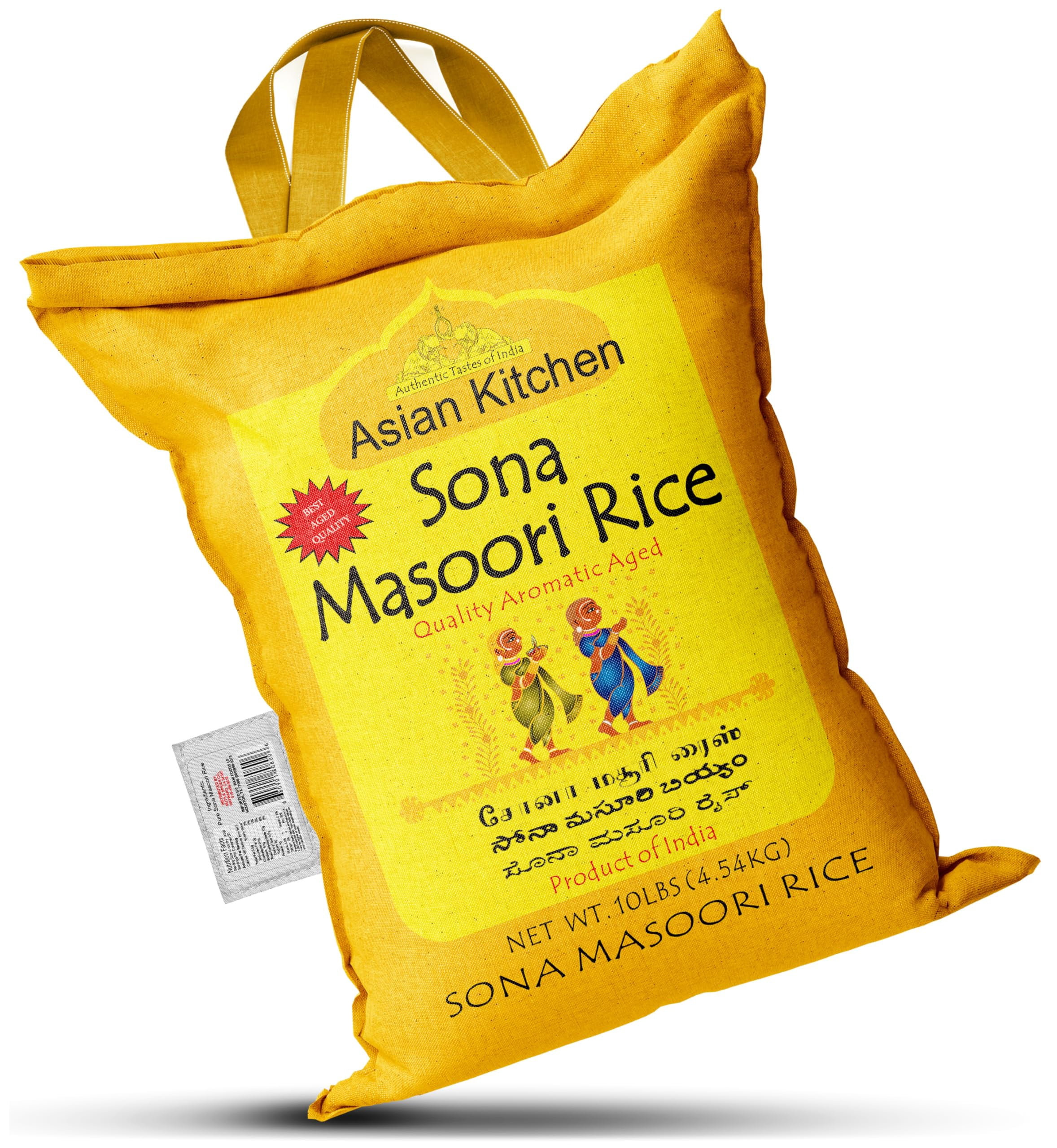 Asian Kitchen White Sona Masoori Aged Rice 10-Pound Bag, 10lbs (4.54kg) Short Grain Rice ~ All Natural | Gluten Friendly | Vegan | Indian Origin | Export Quality