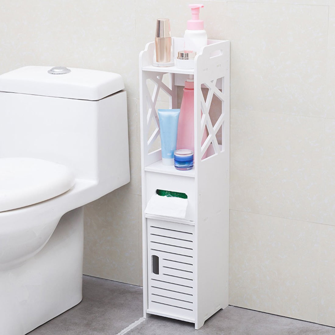 Details about   Bathroom Floor Corner Cabinet Toilet Paper Storage Holder Organizer Shelf White 