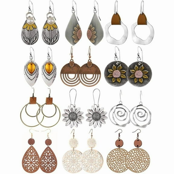 12 Pairs Boho Vintage Geometric Round Earrings Wooden Leather Earrings Ethnic Style Vintage Sunflower Earrings Christmas Earrings for Women