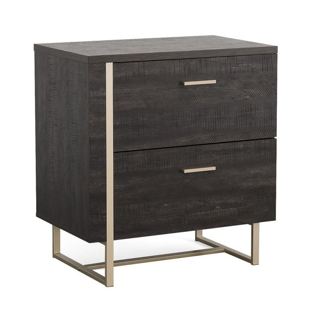 Lateral file cabinet by Sauder Walter Heights in blade walnut finish featuring two spacious drawers with metal handles and a modern metal frame base.