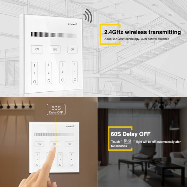 Controlador de luz LED de panel inteligente con atenuación de brillo inalámbrico de 4 zonas Milight 2.4G (CA 180 ~ 240 V)