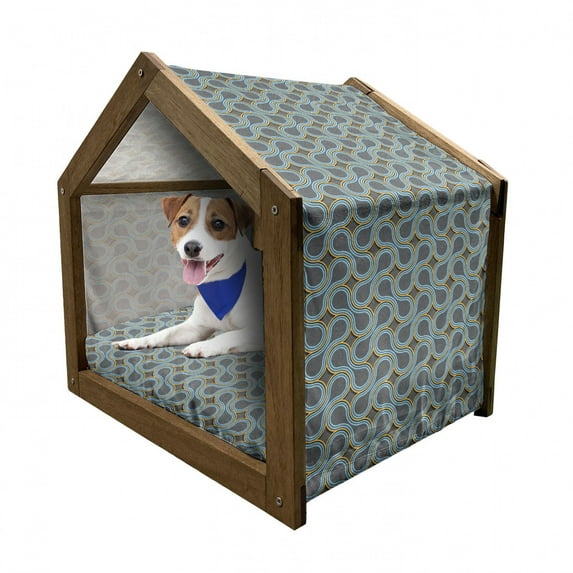 Modern Pet House, Geometric Pattern with Twisted Tangled 3D Style Lines Curves and Waves, Outdoor & Indoor Portable Dog Kennel with Pillow and Cover, 5 Sizes, Grey Marigold Pale Blue, by Ambesonne