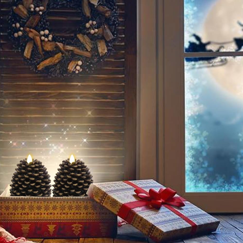 2 Pack Pine Shape Flameless Candles with Timer, Battery Operated Flickering Wick Pine Cone Candles for Holiday Indoor Christmas Decoration, Brown with Gold