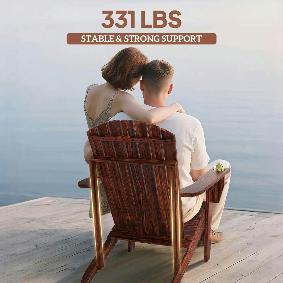 Spaco Oversized Adirondack Chair, Outdoor Porch Seating, Classic Log Lounge with Built-in Cupholder for Outdoor as Backyard, Lawn, Garden, Brown