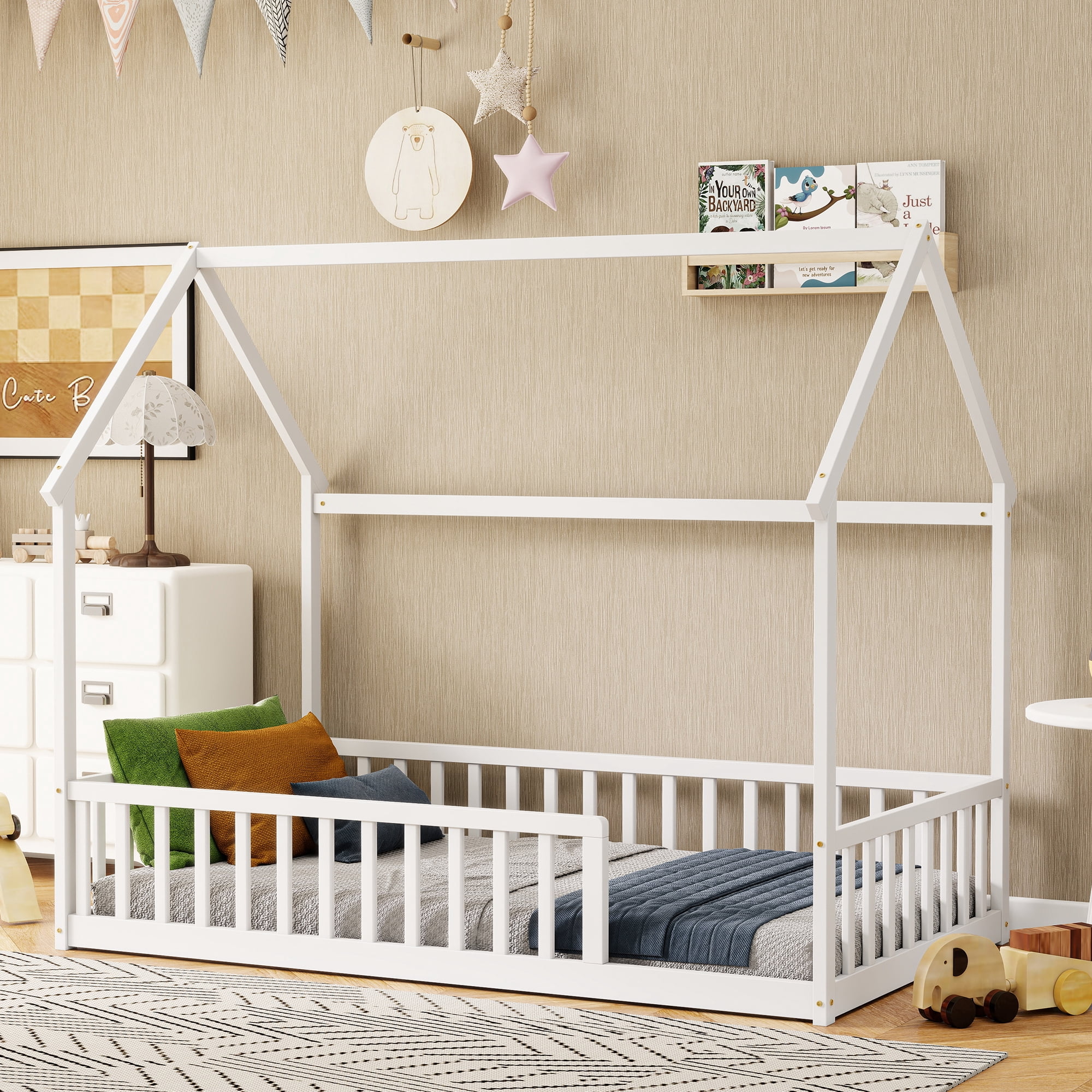 Twin White House Floor Bed with Full Safety Fence, Solid Pine Wood Montessori Kids Playhouse Bed Frame No Box Spring Needed Max 250 LBS for Toddler Bedroom Nursery
