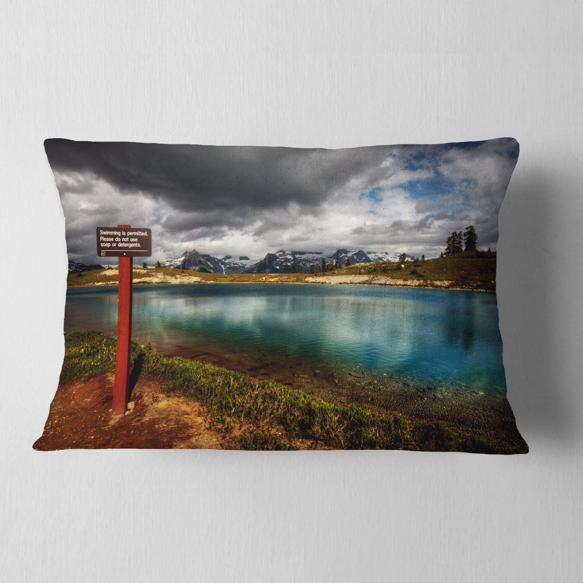 Designart Azure Mountain Lake with Clouds - Landscape Printed Throw Pillow - 12x20