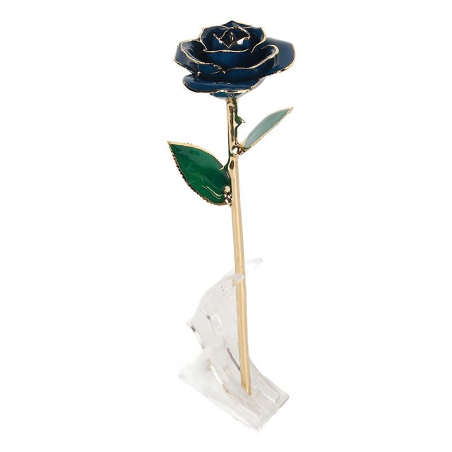 24K Gold Plated Rose Gold Dipped Rose Decoration Real Rose Gold Plated Ornament with Stand for Wedding Birthday Dark Blue