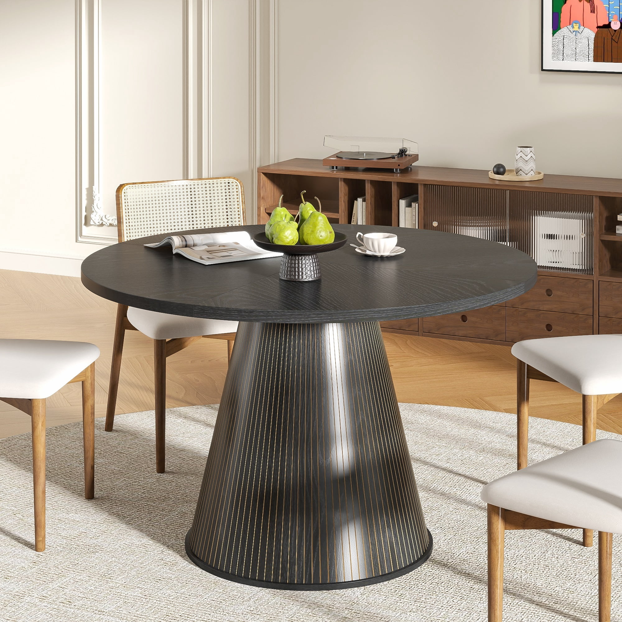 47 inch Round Dining Table for 4, Farmhouse Kitchen Table, Circle Dining Table for Kitchen, Living Room, Black