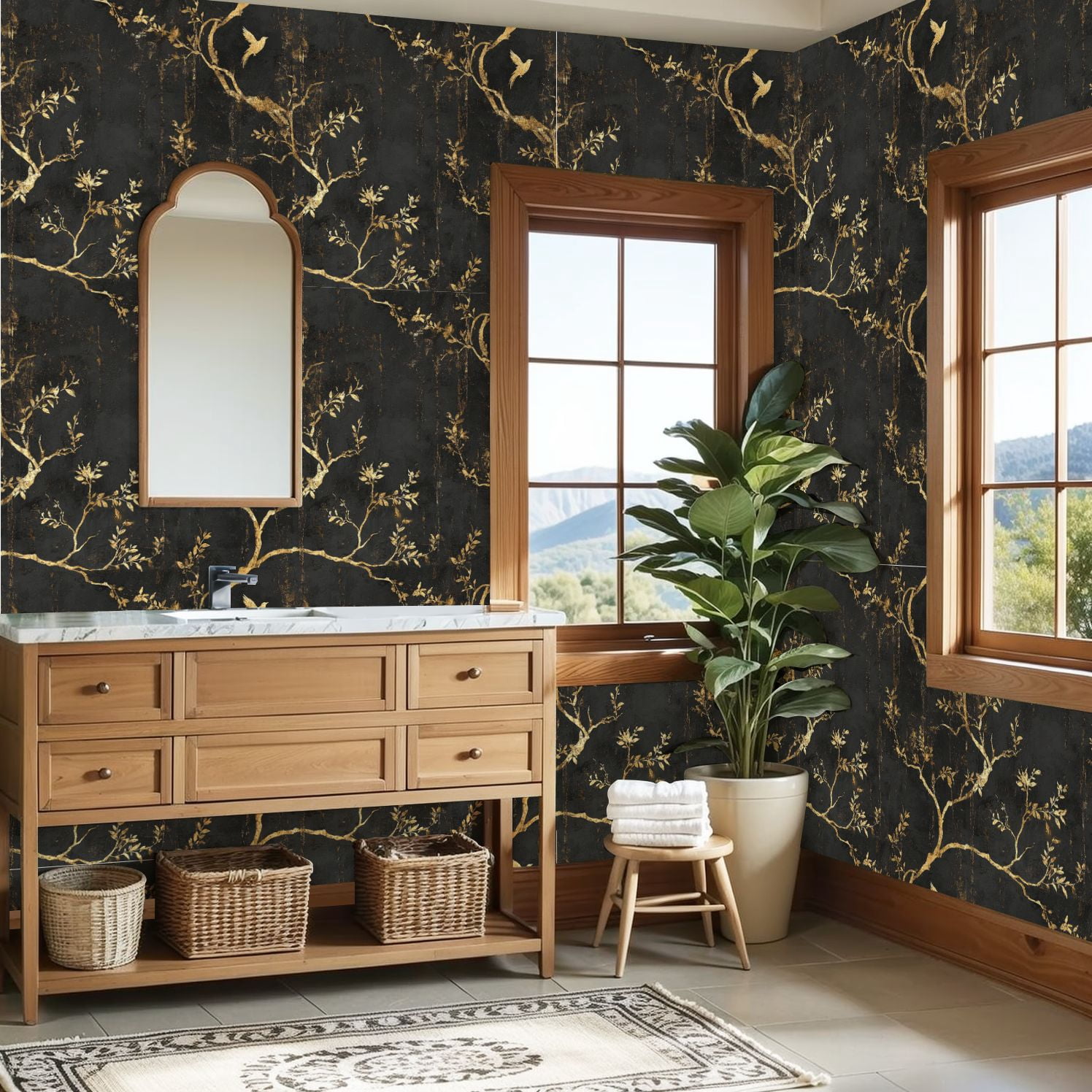 Modern Peel and Stick Wallpaper 23.6in x 9.8ft Golden Floral Branches Bird Black Contact Paper Vinyl Waterproof Self Adhesive Wall Paper for Bedroom Shelf Cabinet Renter Friendly