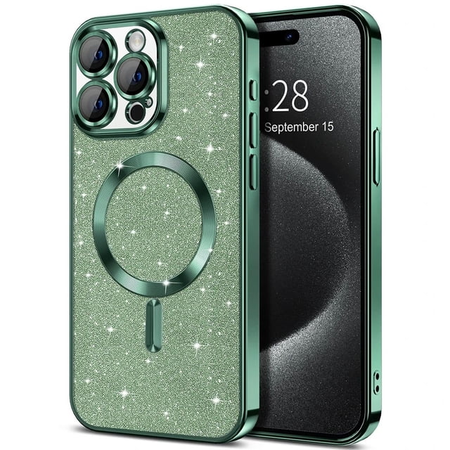 Electroplate With Lens Protector Case For iPhone 15 14 13 12 11 16 Pro Max Plus For Magsafe Wireless Charge Bumper Glitter Cover Alpine Green For iphone16Promax
