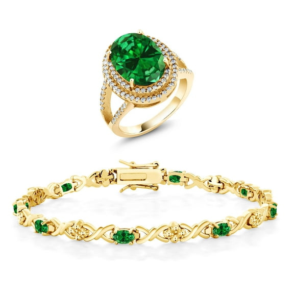 Gem Stone King 7.89 Ct Green Created Emerald 18K Yellow Gold Plated Silver Ring and Bracelet Jewelry Set (Size 5)