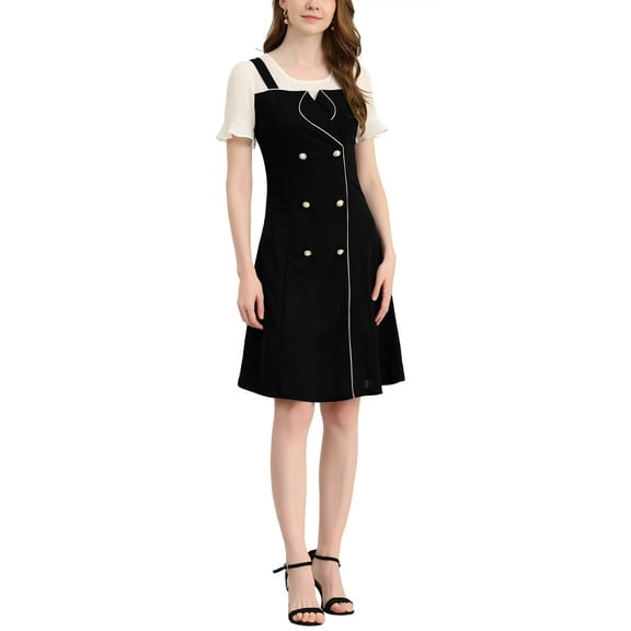 Unique Bargains Women's Contrast Chiffon Button Decor Short Sleeve Dress Black XL