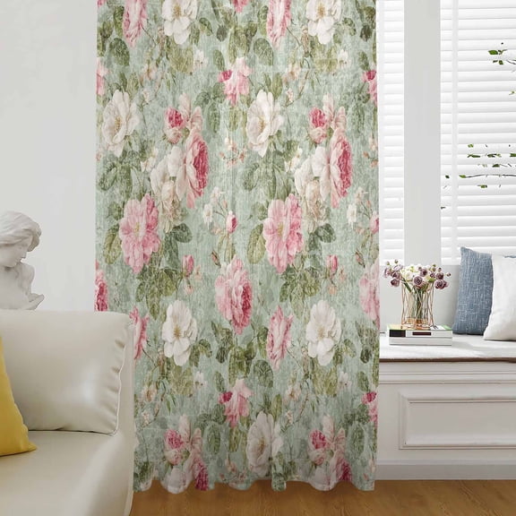White Pink Flower Sheer Curtains 54 Inches Long for Living Room/Bedroom, Shabby Chic Spring Vintage Leaf Green Rod Pocket Voile Kitchen Curtains & Drapes Window Treatment 1 Panel, 52"W x 54"L