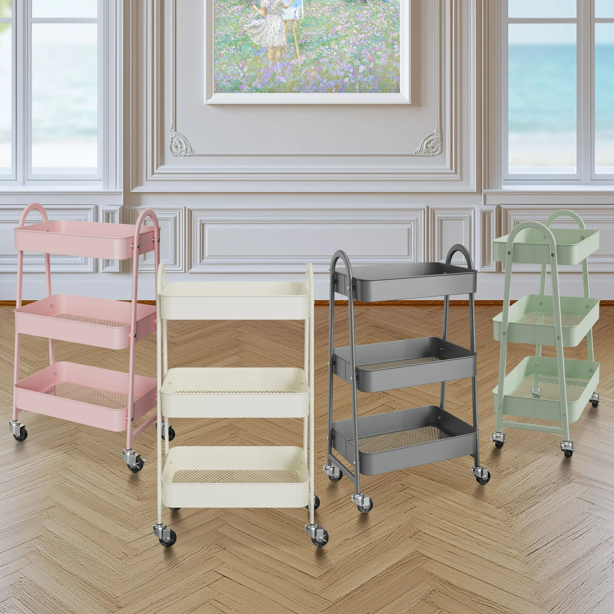 GIANNA 3 Tier Rolling Cart Organizer, Plastic Rolling Cart with Lockable Wheels & Reinforced Handle, Lightweight Utility Cart Storage Cart for Nursery, Kitchen, Bathroom, Craft Room