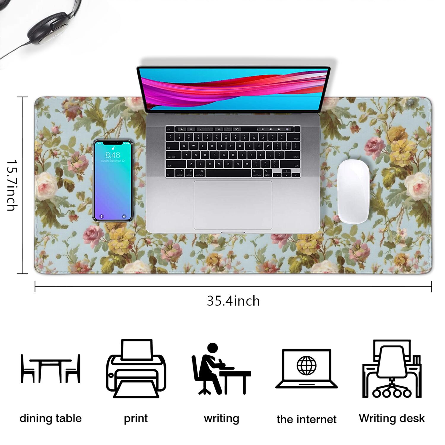 Long Mouse Pads for Desk,Pioneer Flower Floral Print Pattern Desk Mats on Top Of Desks, Desk Mouse Pad Extra Large with 3mm Non-Slip Base and Stitched Edge for Gaming,Office,Work,Home 35.4"x15.7"